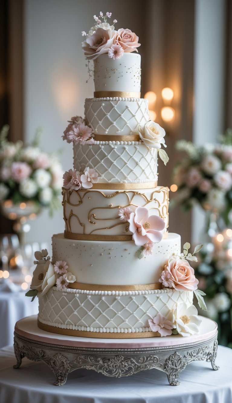 A multi-tiered wedding cake with layers that appear to lean, decorated with white and gold icing and pastel sugar flowers, displayed on a table at a wedding reception.